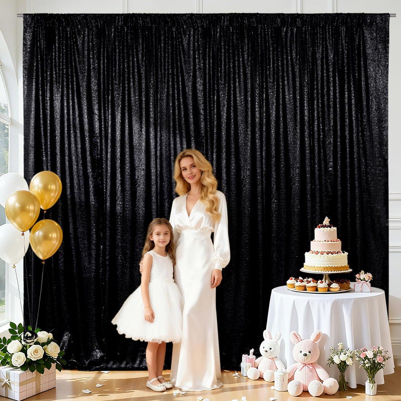 SquarePie Sequin Backdrop Curtain Less Transparent Sparkly Photo Booth Photography Background for Wedding Halloween Patry 10FT x 10FT Black - Image 3
